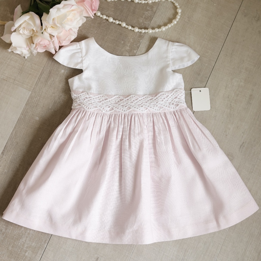New Linen Dress White & Pink Crocheted Lace Trim Size 6 Months NWOT
